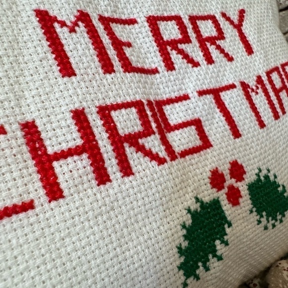 Merry Christmas Handmade Vintage Cross Stitch Throw Pillow Reindeer Ruffles Trim - Picture 2 of 4